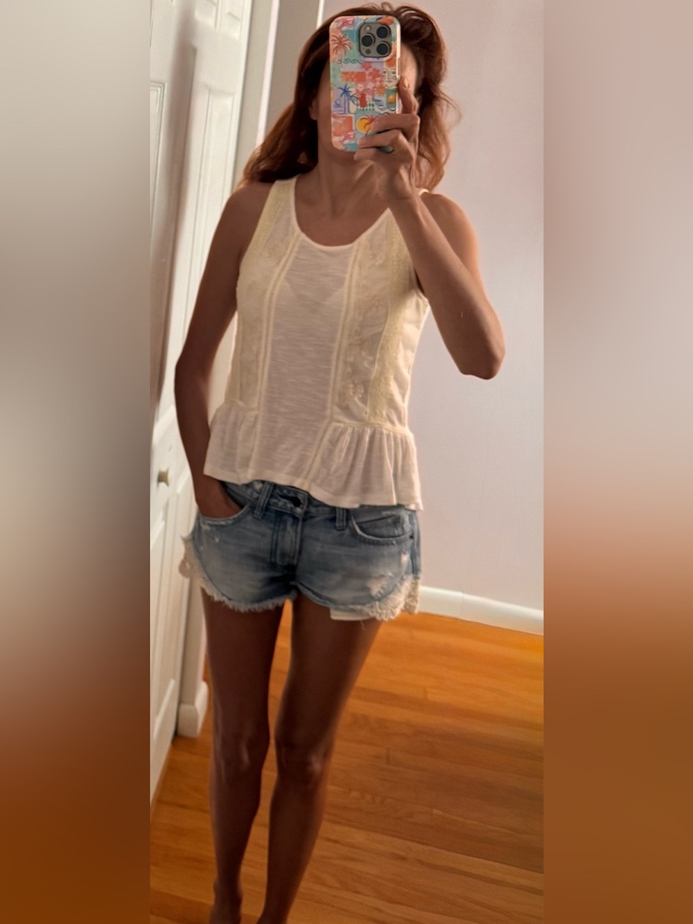American Eagle - Embroidered Linen Light Cream Peplum Tank Top